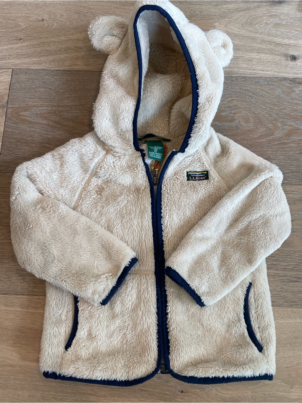 L.L.Bean Cream Teddy Fleece Hooded Jacket with Navy Trim